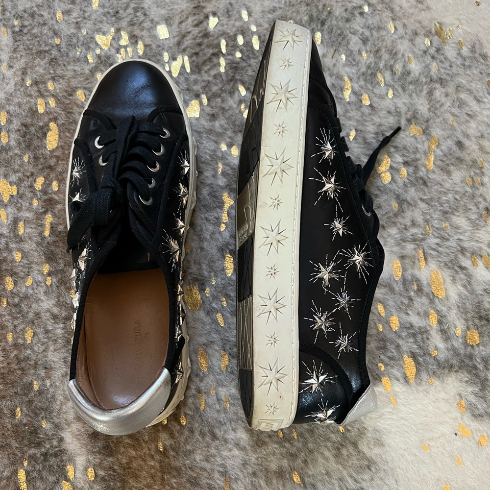 AQUAZZURA Black leather star pattern sneakers size 8